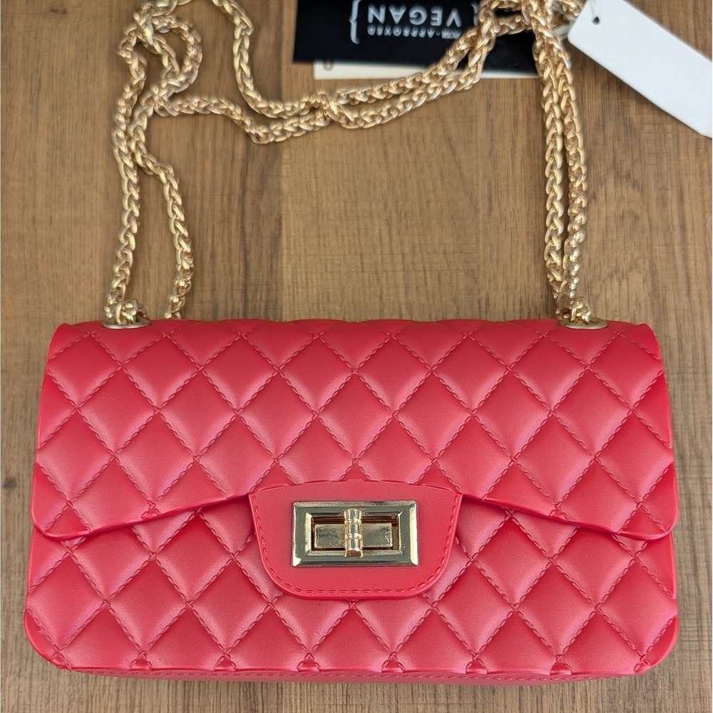 Le Miel LGZ011 Red Quilted Vegan PVC Shoulder Bag Gold Chain PETA Approved NEW